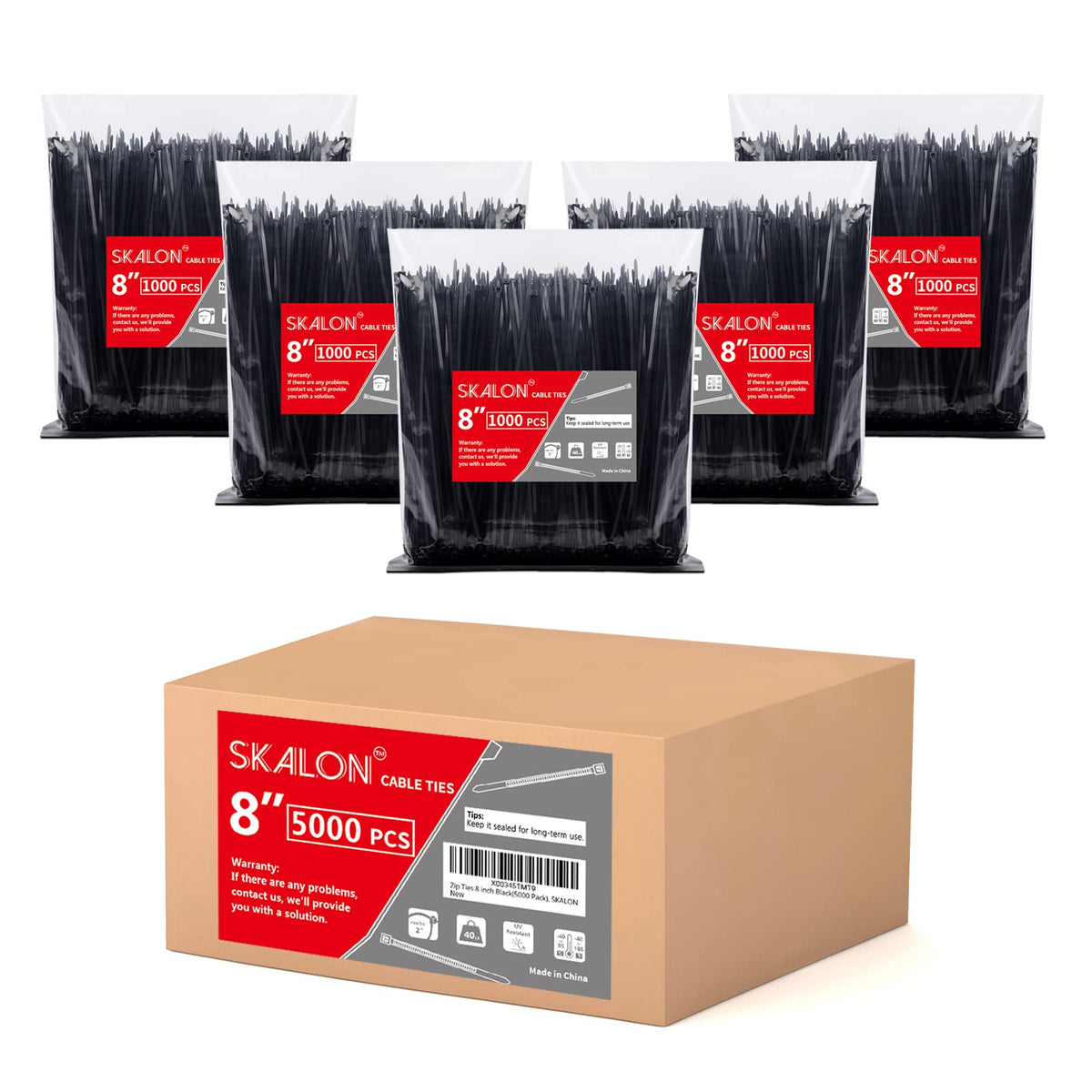 Zip Ties 8 inch (1000 Pack), 40lbs Tensile Strength, Black Cable Ties, Wire Ties for indoor and outdoor use, by Skalon