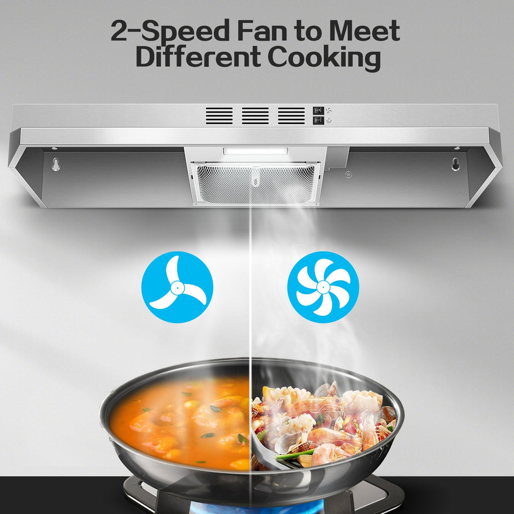 Range Hood 30 inch Under Cabinet, Stainless Steel Kitchen Vent Hood 280CFM, Built-in Kitchen Stove Hood w/Rocker Button Control, Ducted/Ductless Convertible Duct, 2 Speeds Fan, Bright LED Light