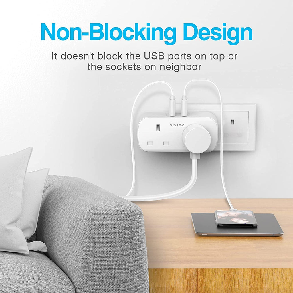 VINTAR Double Plug Adapter UK with 2 USB, 2 Way Plug Extension Sockets