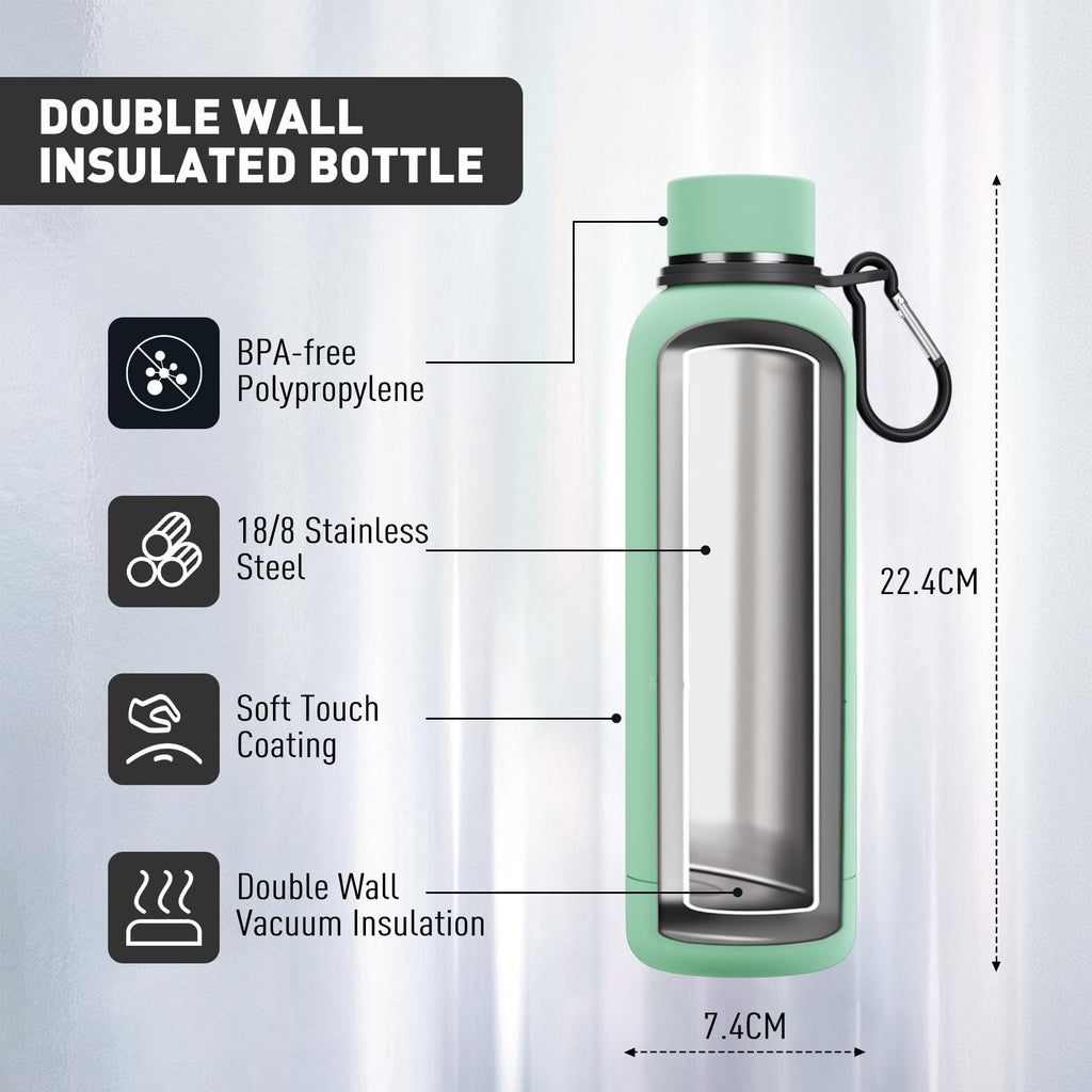 Exllena Insulated Black Water Bottles 750ml with Clip, Double Wall Vacuum Drinks Bottle Keeps Drinks Cold 24 Hrs/Hot 12 Hrs, Stainless Steel Water Bottle BPA Free