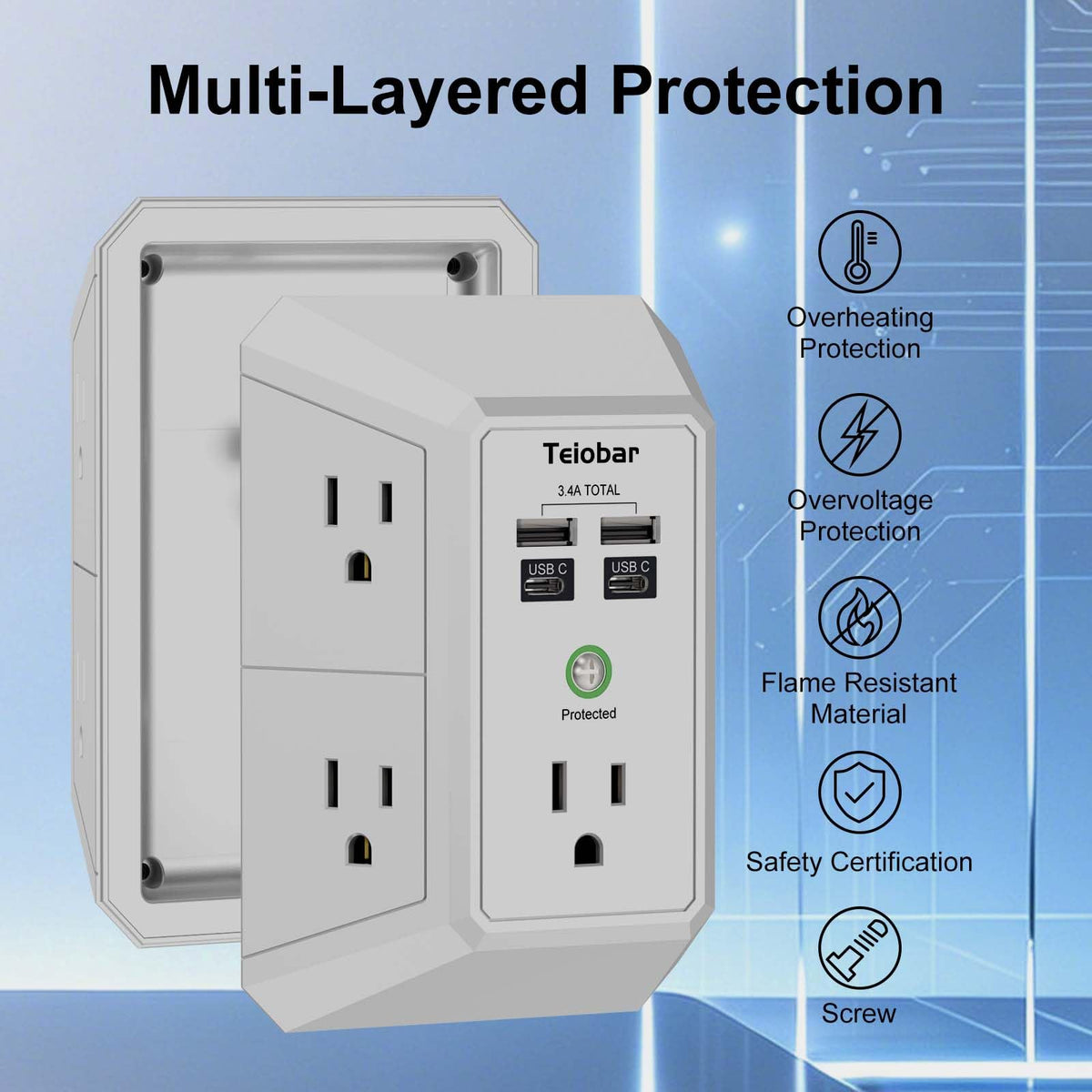 Multi Plug Wall Outlet Surge Protector with 6-Outlet & 4 USB Ports(2USB-C)