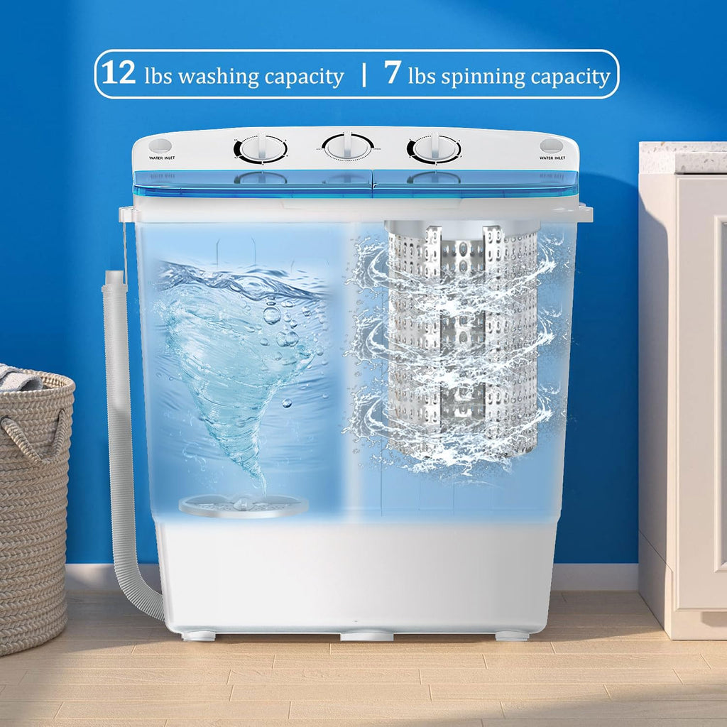 Erivess Portable Twin Tub 19lbs Washing Machine with Drying Rack and 10 Hangers, 12lbs Washer Mini Compact Laundry Machine with 7lbs Spinner, 1500rpm Semi-automatic Washer Combo for Dorm&Apartment
