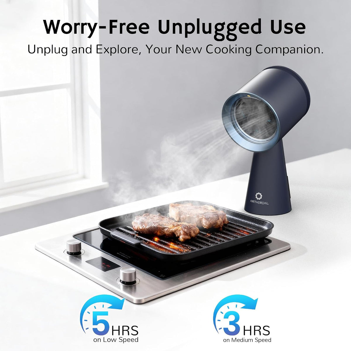 AIRTHEREAL Portable Range Hood with Rechargeable Battery, 3-Speed Suction