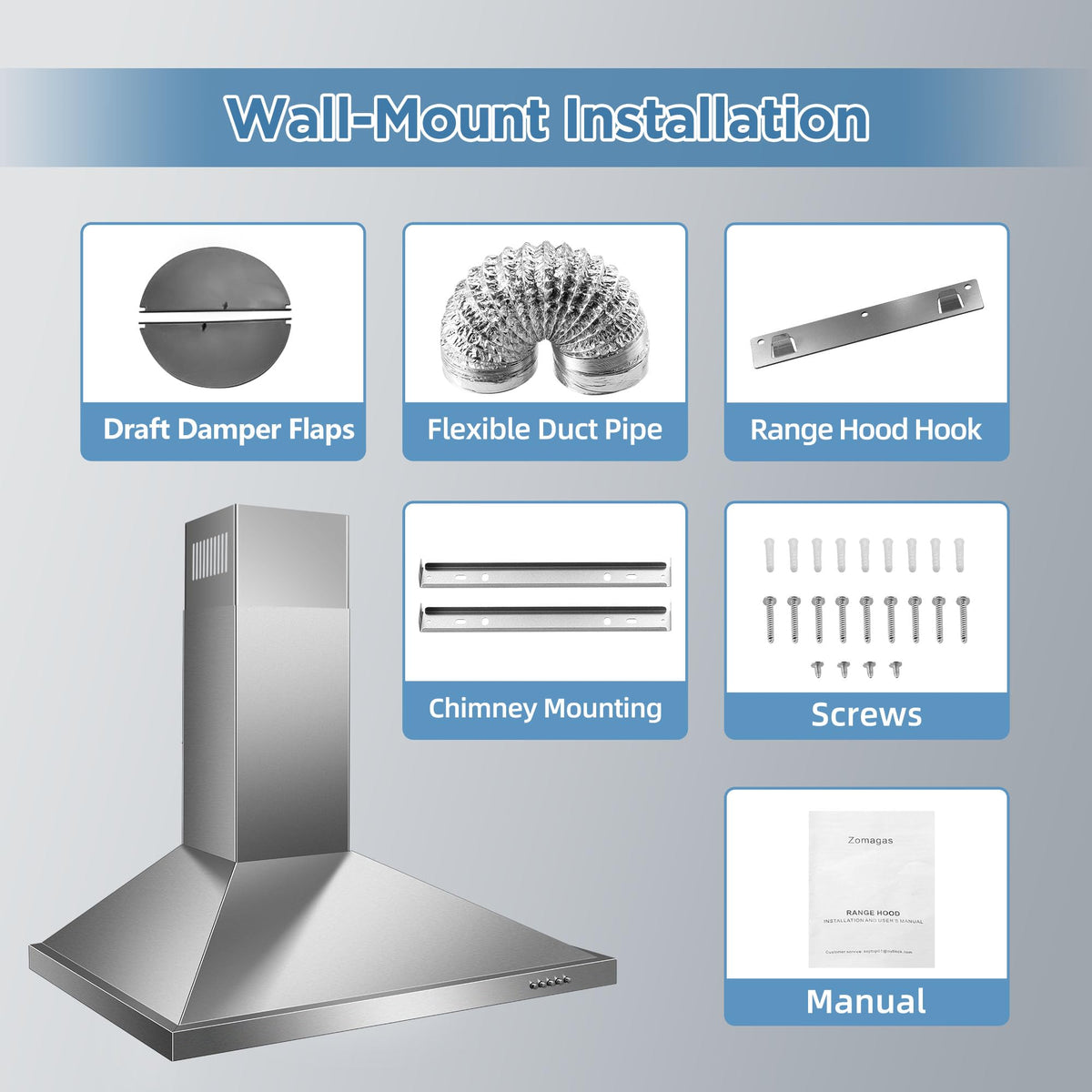Wall Mount Range Hood 30 inch, 900 CFM Stainless Steel Kitchen Hood