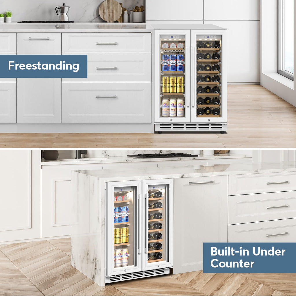 24" Dual Zone Wine and Beverage Refrigerator, Under Counter with Glass Door