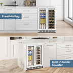 24" Dual Zone Wine and Beverage Refrigerator, Under Counter with Glass Door