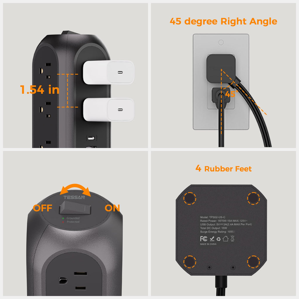 TESSAN Tower Power Strip Flat Plug with 1050J Surge Protection, 6 Ft, Black