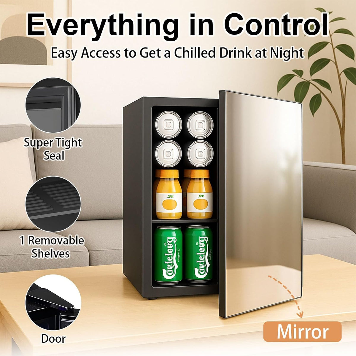 DOGHLY 0.95 Cu.Ft Mini Fridge Mirror Door for Beverages & Skincare, 24 Cans
