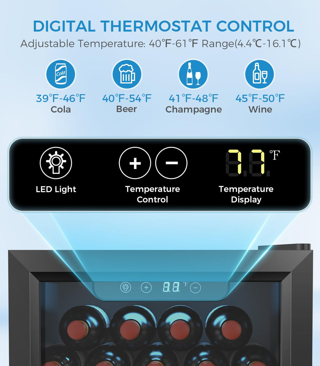 Electactic 48 Can Beverage Refrigerator,12 Bottle Wine Cooler with Seamless Stainless Steel & Glass Door, Digital Temperature Display, Countertop Mini Fridge for Soda, Wine or Beer, Silver