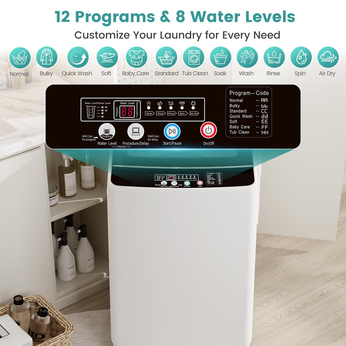 Auertech 18 lbs Portable Washing Machine, Fully Automatic Portable Washer with LED Display, 7 Wash Cycles, 4 Water Levels, Top Load Washing Machine for Apartment, RV, Dorm, Home