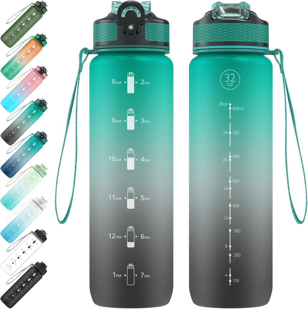 EYQ 1L Water Bottle, 1 Litre Water Bottle with Straw, 32oz Leak-Proof Motivational Sports Drinks Bottle with Time Marker, Tritan BPA-Free, Drinking Waterbottles for Gym Outdoor Sports