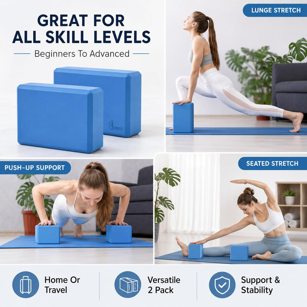 EXERZ Yoga Blocks 2pcs Gym Bricks -Comfortable Fitness Yoga Bricks, Anti-Slip, Lightweight and Travel Friendly Pilates Practice