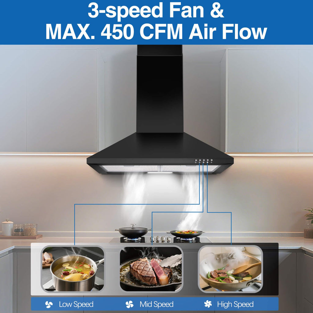 SNDOAS Range Hood 30 inch,Wall Mount Range Hood in Stainless Steel With Ducted/Ductless Convertible,Stove Vent Hood with Aluminum Filters,3 Speed Exhaust Fan,LED Light,Button Control