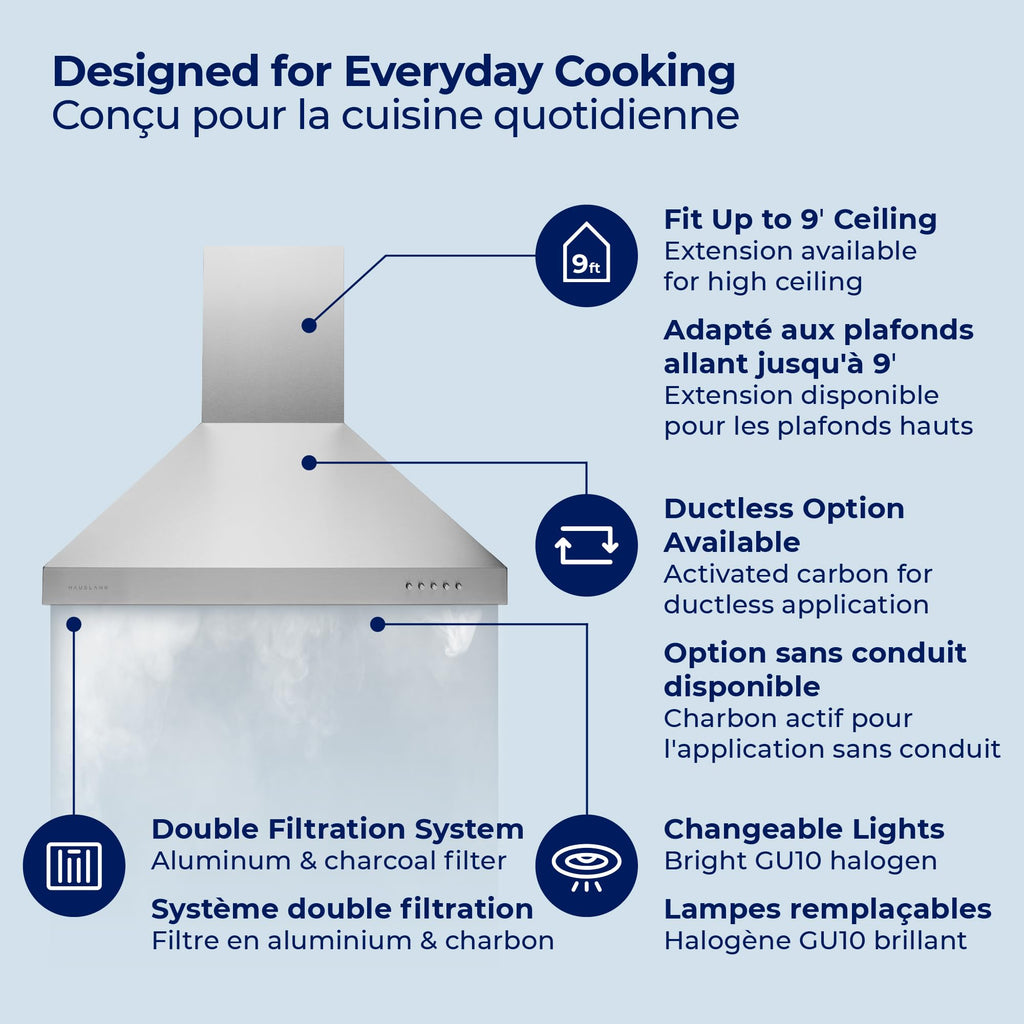 Hauslane Wall Mount Range Hood 30 Inch Convertible 350-750 CFM Low Noise