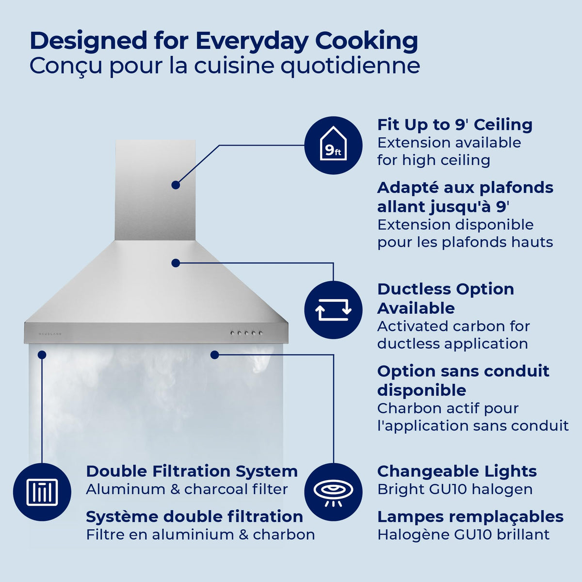 Hauslane Wall Mount Range Hood 30 Inch Convertible 350-750 CFM Low Noise