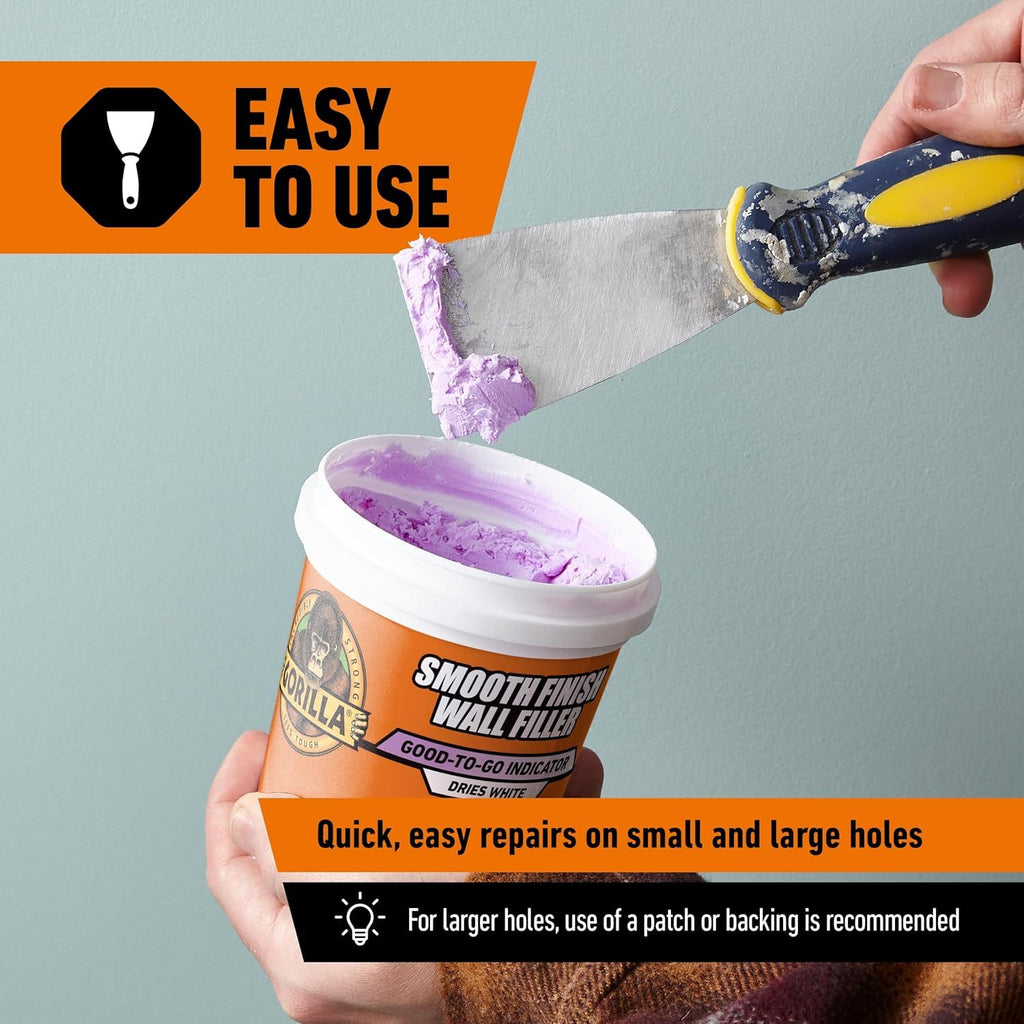 Gorilla Smooth Finish Wall Filler, 473ml – Applies Purple & Dries White | Repairs Small and Large Holes in Walls & Ceiling, Smooth Finish, Won’t Shrink or Crack, Fills any Depth| Indoor & Outdoor Use
