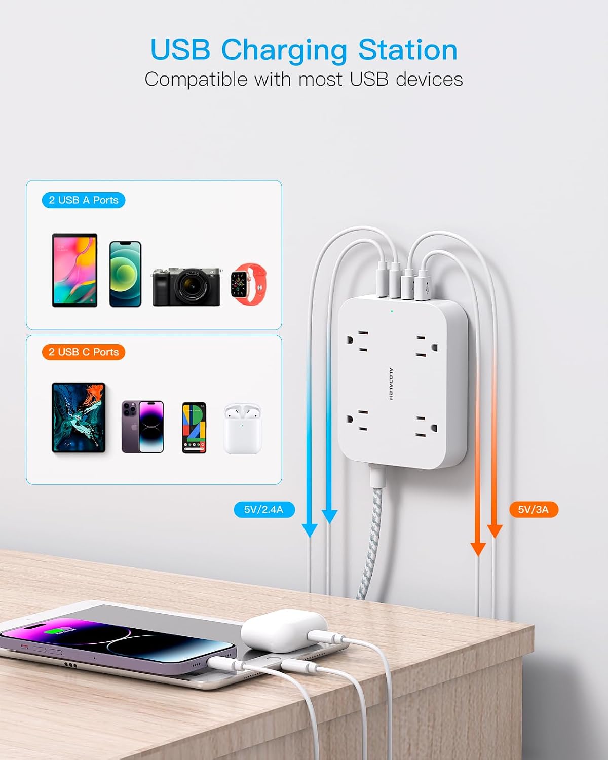 10 Ft Extension Cord, Flat Power Strip with 4 Outlets 4 USB Ports (2 USB C)