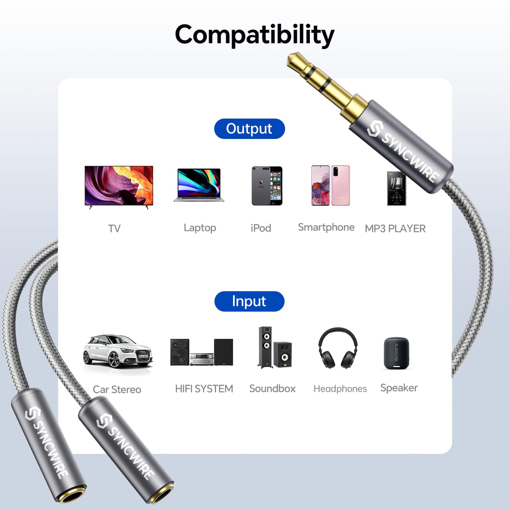 SYNCWIRE Headphone Splitter, 3.5mm Nylon-Braided Male to 2 Female Y Cable