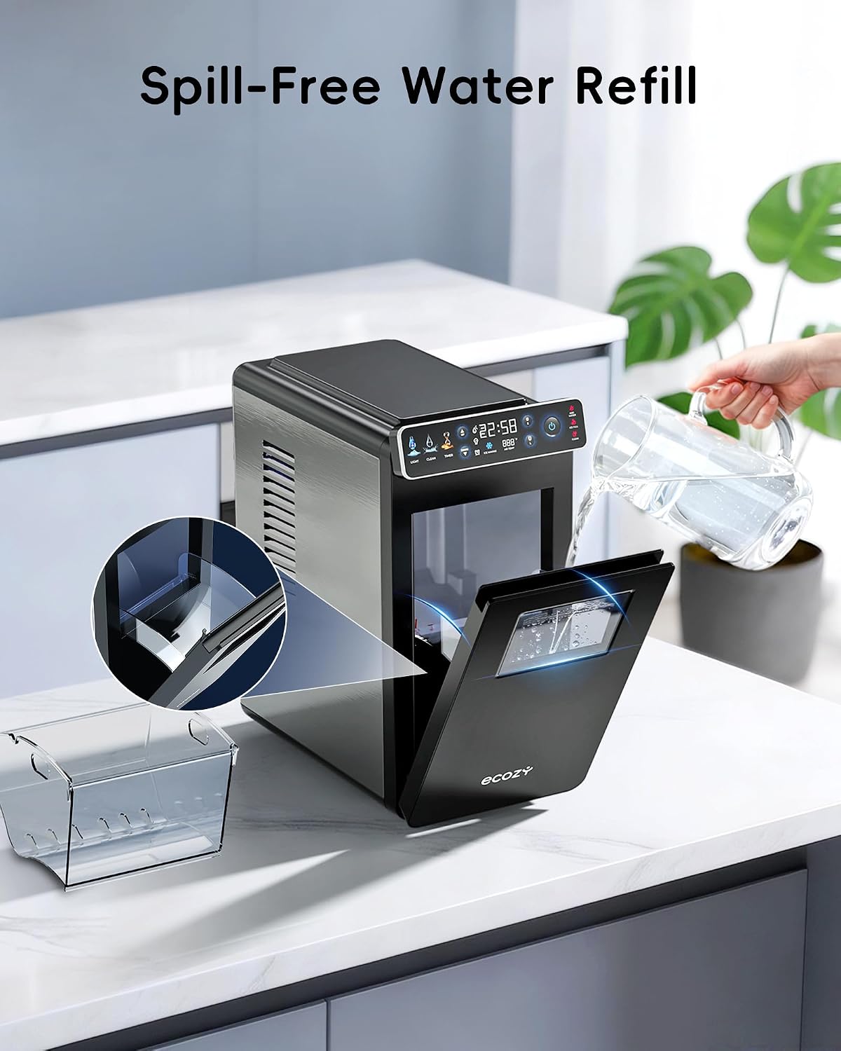 ecozy Small Ice Maker with Full-Color Panel & Timer Function, 26 lbs/Day
