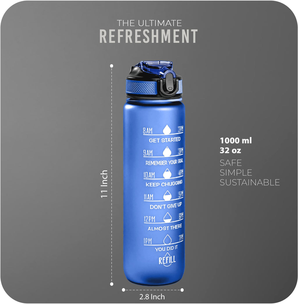 Roe Tenpo Sports Water Bottle with Straw and Time Marking, and 32OZ Capacity - Motivational and Eco-Friendly BPA-Free Bottle for Running, Gym, Yoga, Outdoors, and Camping (Style-1, Black)