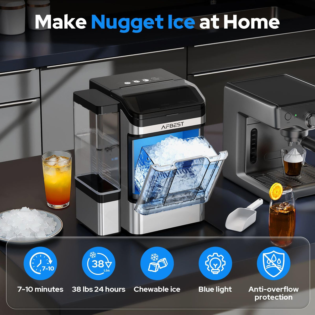 Large Capacity Countertop Ice Maker - 38 lbs/24H Output Chewable Nugget Ice, One-Touch Self-Cleaning, 3L+1.5L Dual Water Tanks, Portable Ice Machine for Home, Kitchen, Office, RV