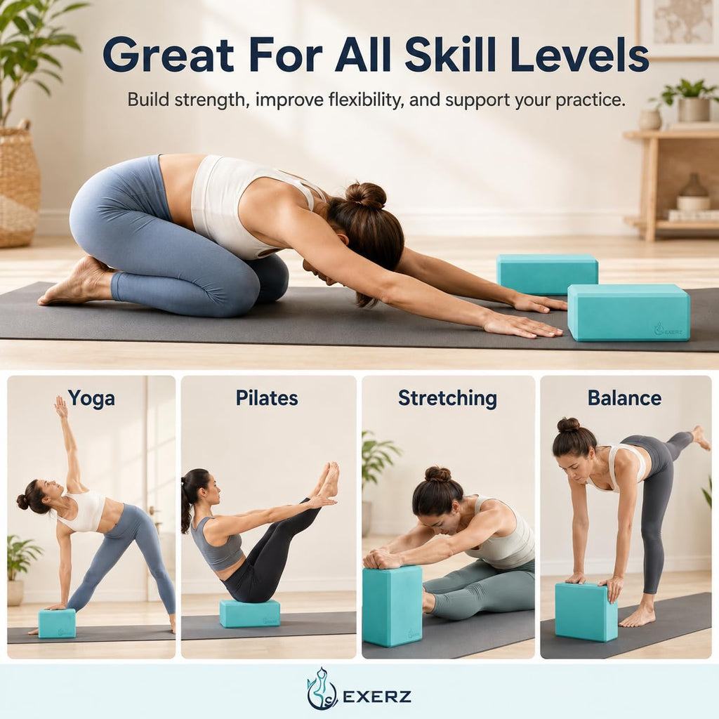 EXERZ Yoga Blocks 2pcs Gym Bricks -Comfortable Fitness Yoga Bricks, Anti-Slip, Lightweight and Travel Friendly Pilates Practice