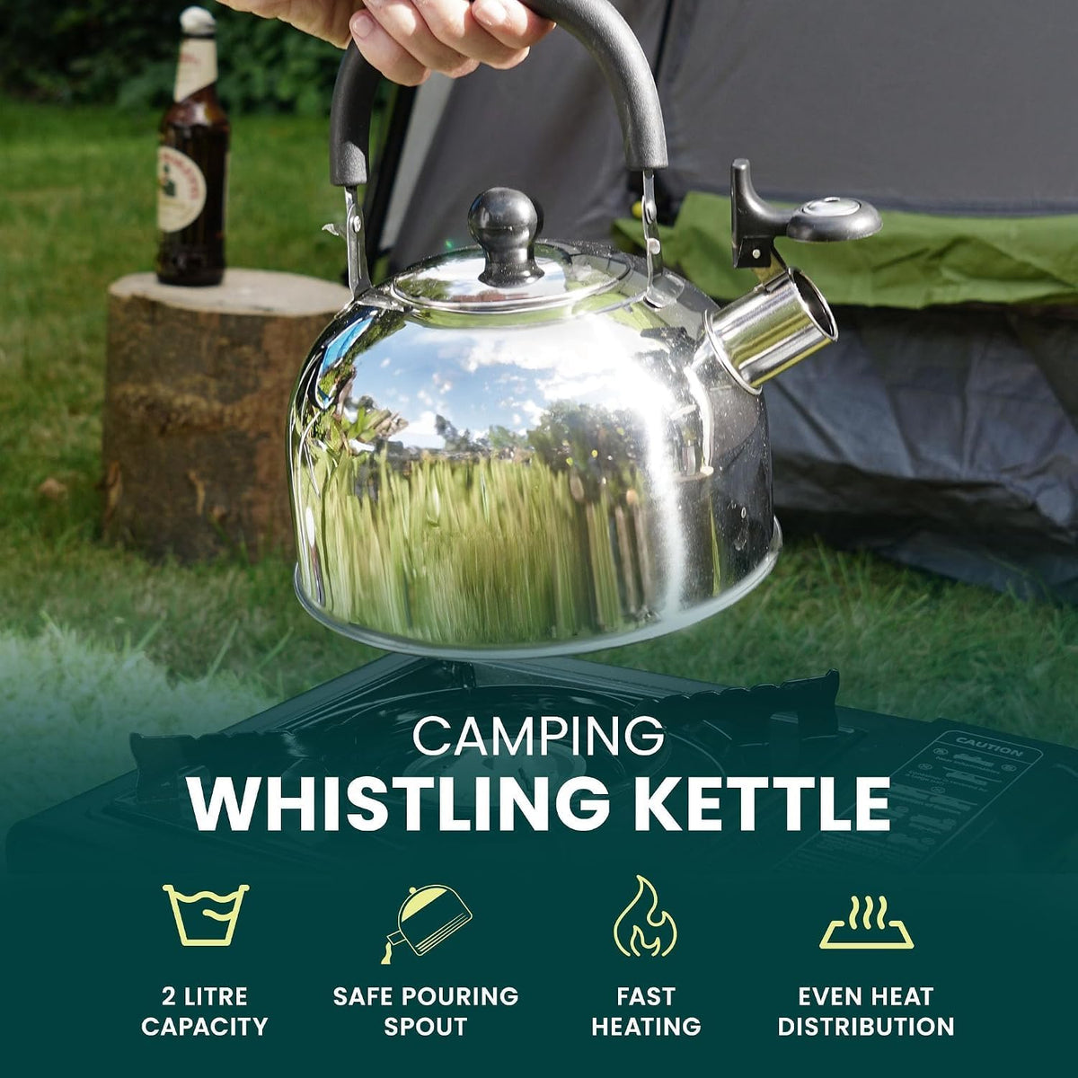 GREEN HAVEN Camping Stove Bundle – Portable Gas Stove, Camping Kettle & 4 Butane Gas Canisters | 2100W Gas Cooker with Carry Case | EN417 | Camping Gas Stove with Auto-Ignition, Adjustable Flame