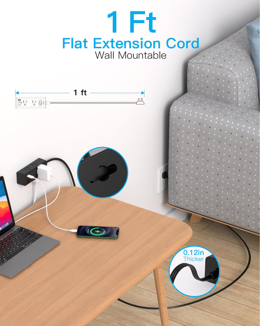 One Beat 10Ft Extension Cord with Multiple Outlets,Flat Plug Power Strip