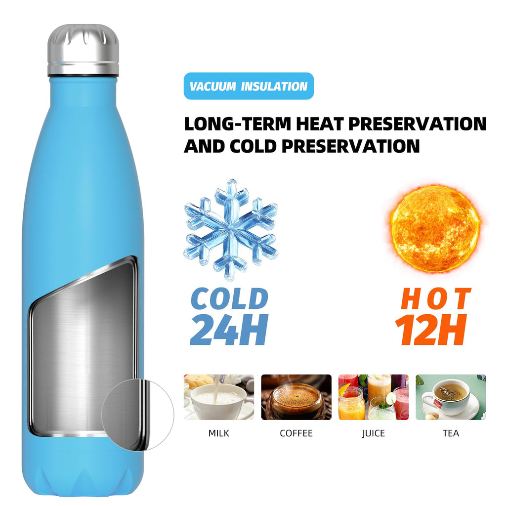 Stainless Steel Insulated Water Bottle, WATERSY Double Walled Metal Vacuum Flask Keep 24 Hrs Cold & 12 Hrs Hot Thermal Metal Sports Bottles 500ml BPA Free for Outdoor, Work, Gym, School (Black)