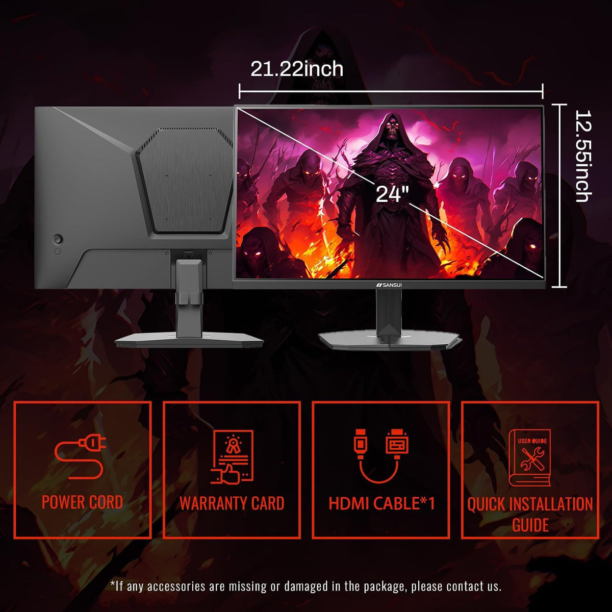SANSUI 24 Inch Gaming Monitor 200Hz 1Ms FreeSync HDR 110% sRGB FHD 1080P Computer Monitor HDMI DP Ports Eye Care Frameless VESA Mount Cable Management(ES-G24F4L HDMI Cable Included)