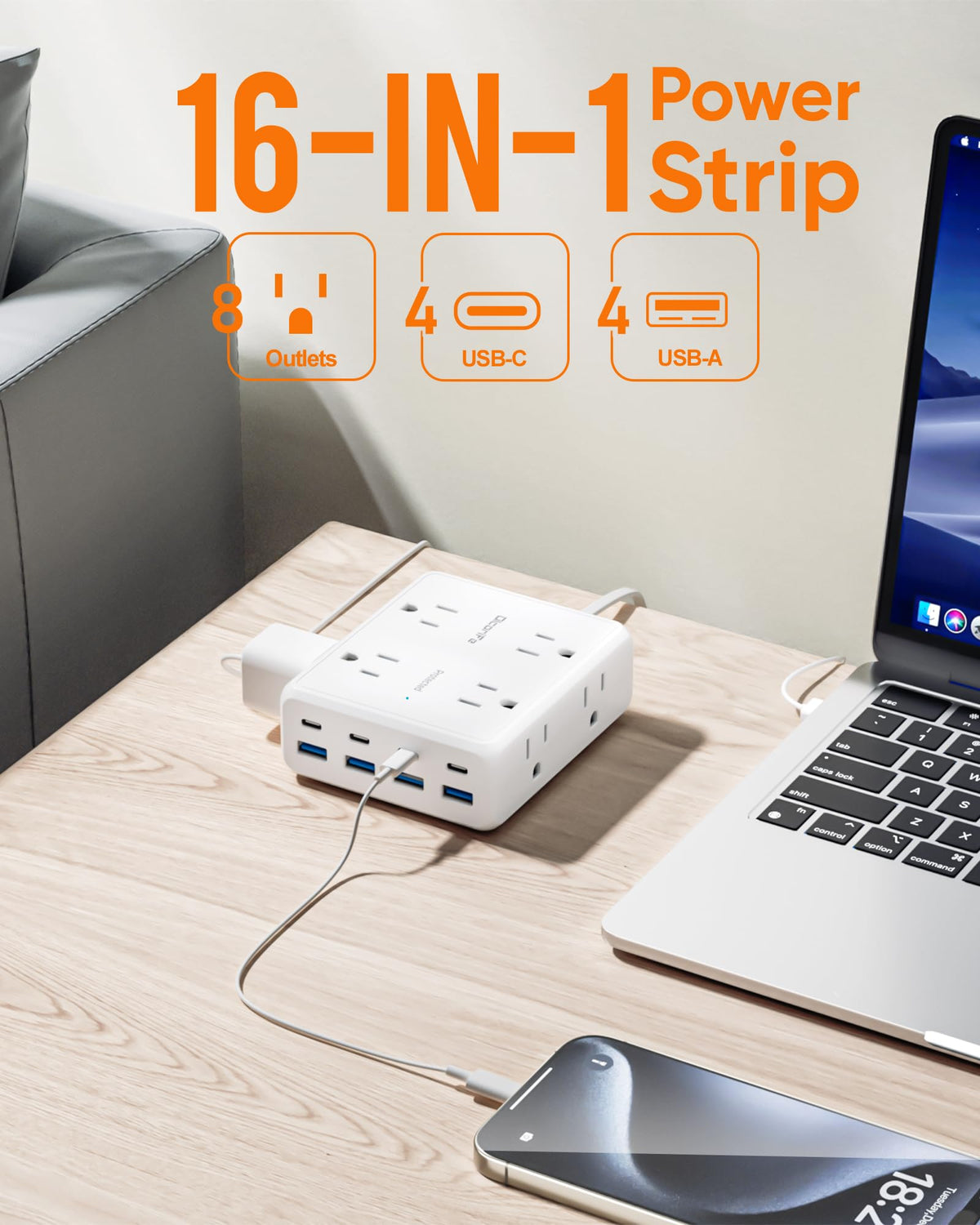Olcorife Flat Plug Power Strip with 25 FT Extension Cord, 8 Outlets 8 USB Ports(4 USB C), 3 Sided Outlet Extender for Home Office Travel Dorm Room Essentials, White