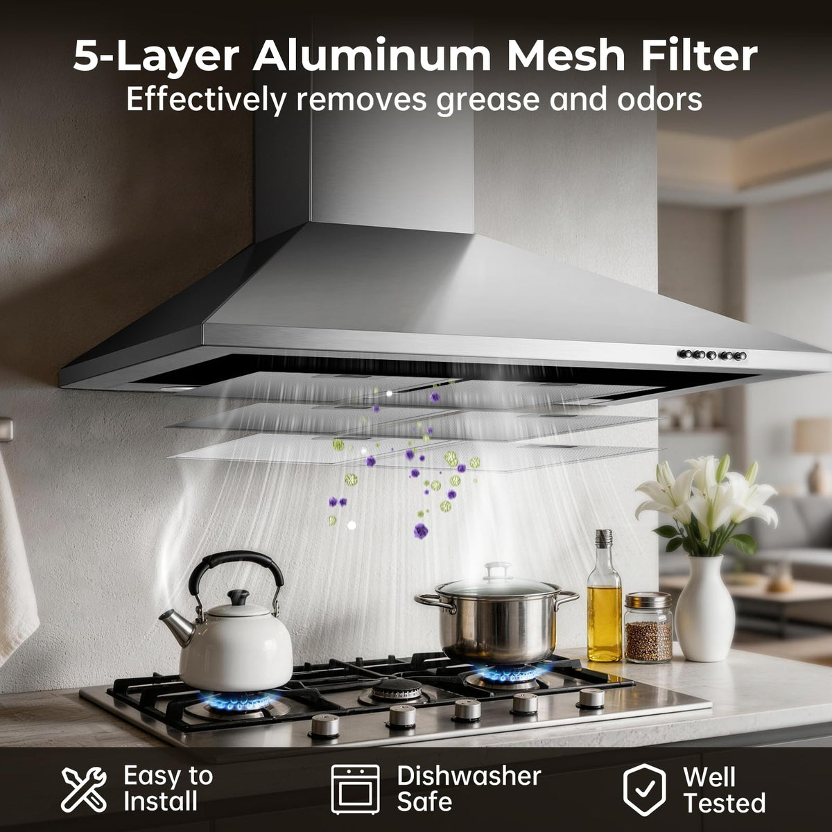 24 inch Range Hood, Ducted/Ductless Range Hood 450CFM, Wall Mount