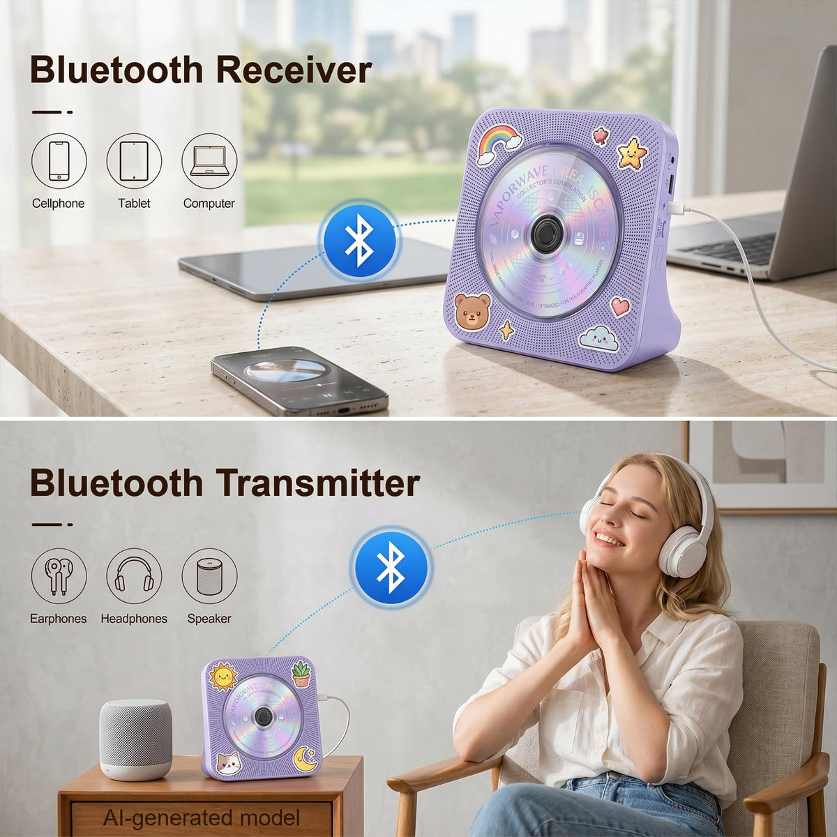 Gueray CD Player Portable Bluetooth Desktop CD Players for Home