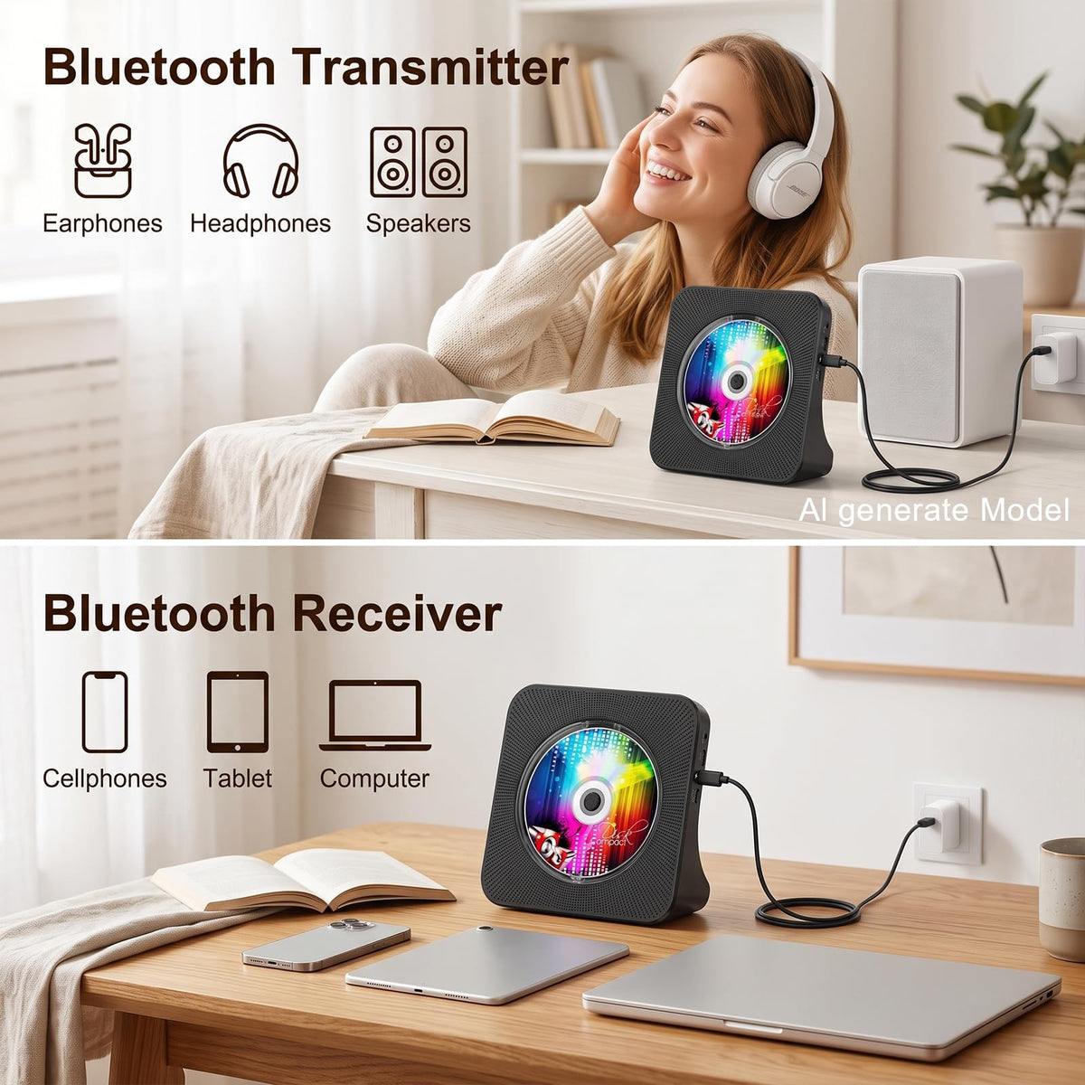 Portable CD Player with Bluetooth, Gueray Desktop CD Players for Home, Bulit-in Double HiFi Speakers, AUX&Headphone Jack, FM Radio Boombox with Remote Control, USB Port,LCD Display (White)