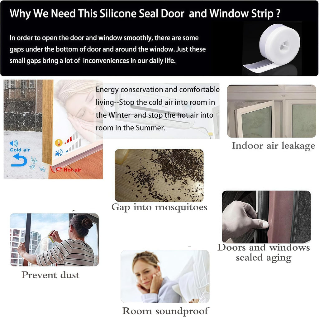 Silicone Seal Door Strip Bottom - 8M/26ft (W: 35MM) Silicone Sealing Sticker Self Adhesive Weather Stripping for Gaps of House, Glass Shower, Window and Door, Weatherproof Soundproof Insect Proof