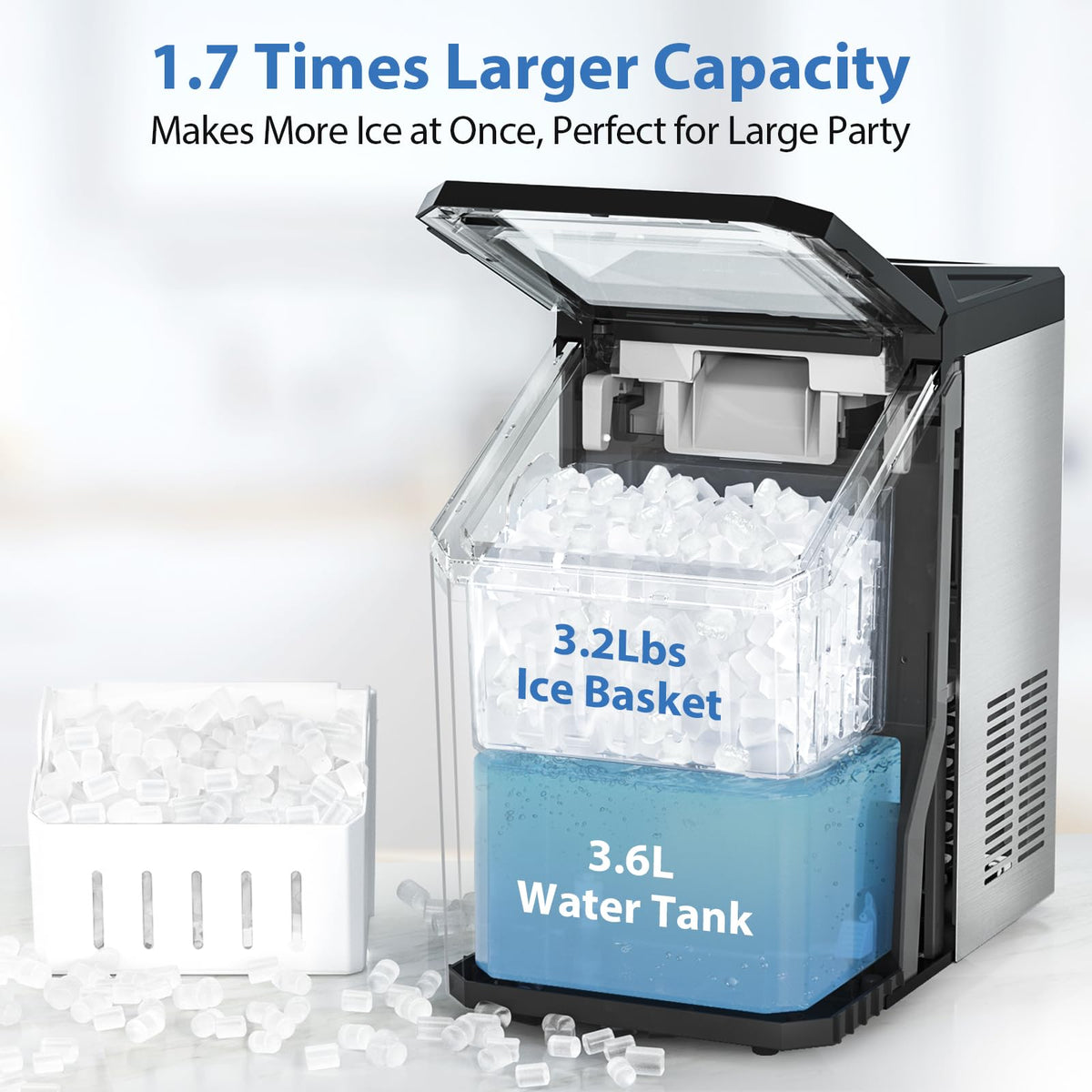 Aeitto Nugget Ice Maker Countertop, 55lbs/Day, Rapid Ice Release in 5 Mins, Large Capacity Chewable Ice Maker, Self-Cleaning with Stainless Steel Housing Ice Machine for Home Office and Party, Black