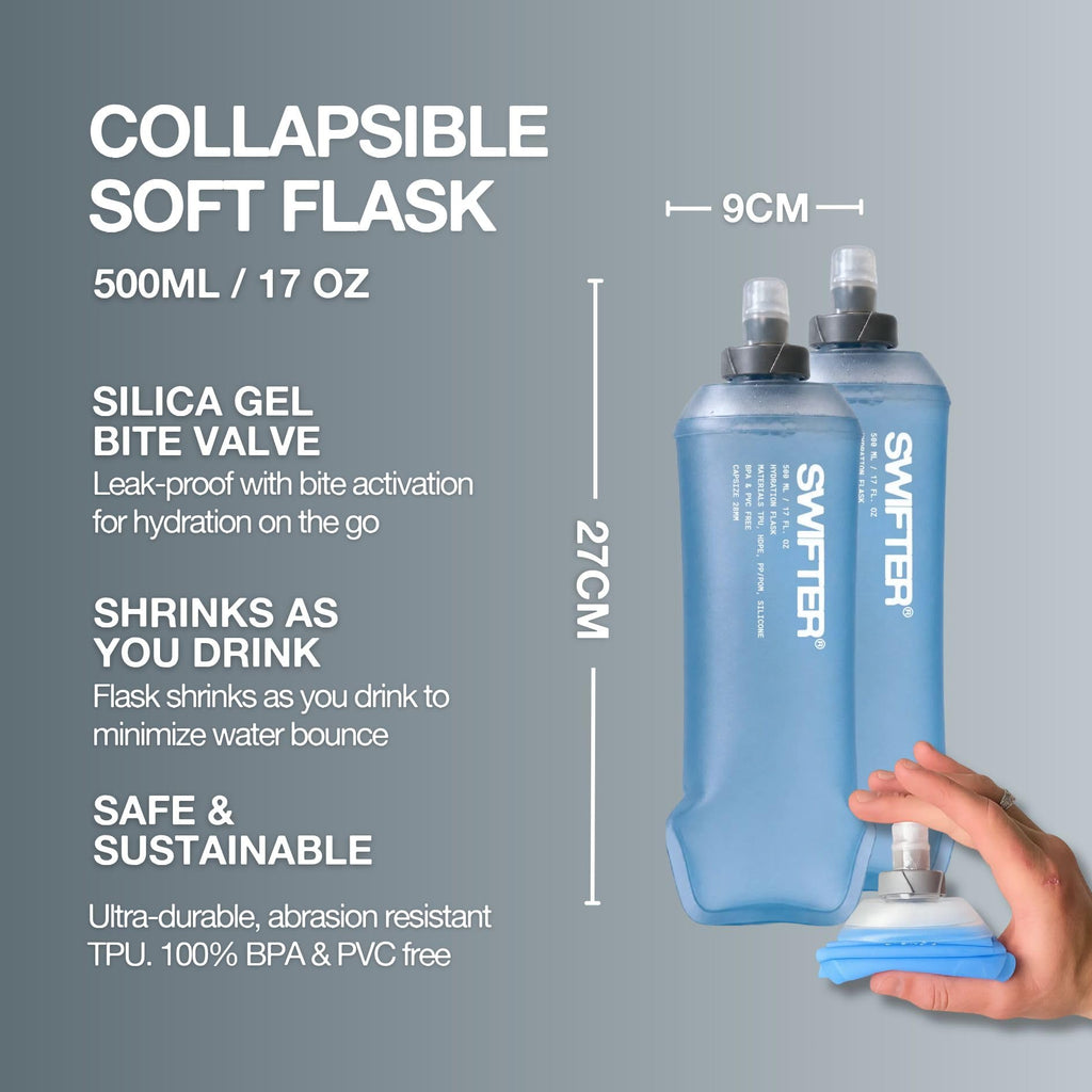 SWIFTER 2x Soft Flask 250ml | Collapsible Running Water Bottle | Handheld or in Vest | Leakproof | Trail Hydration Flask | Soft Water Bottle for Marathon, Hiking (250ml (x2))