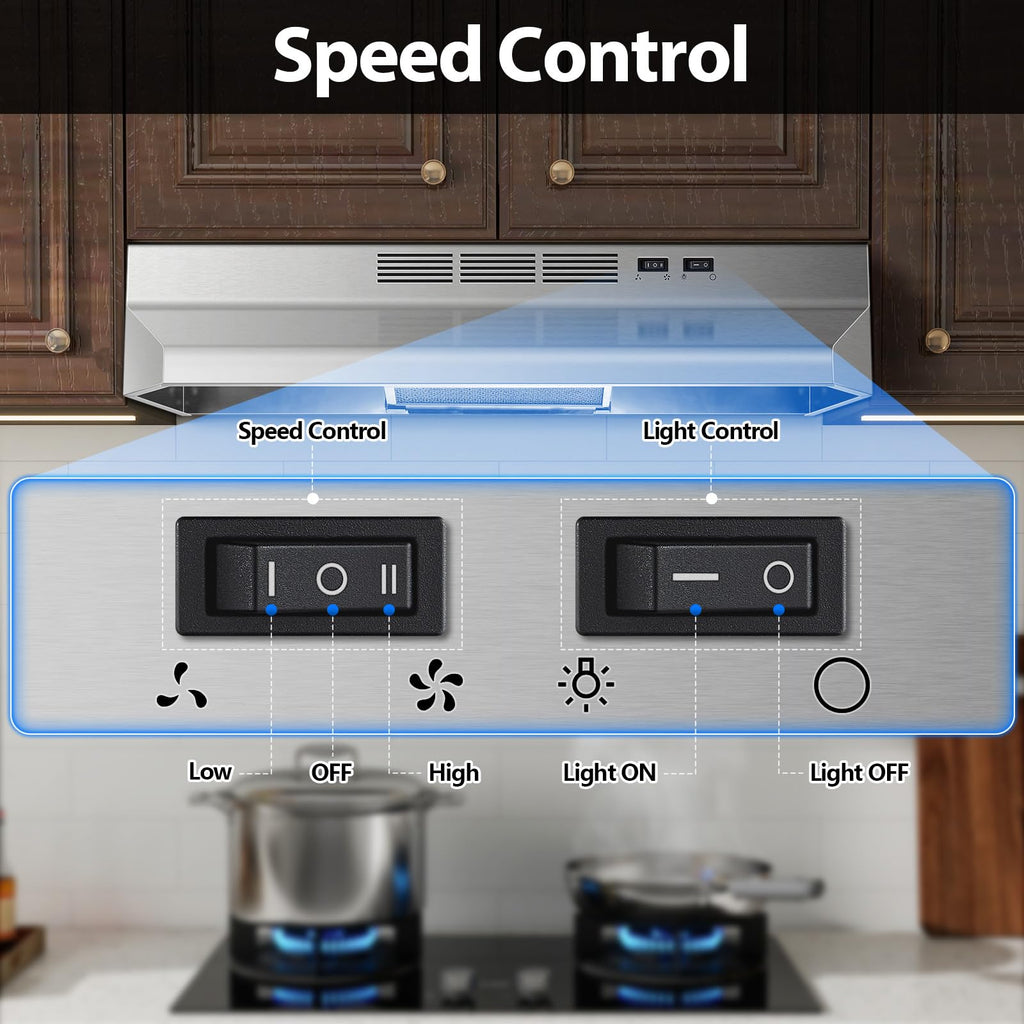 Tieasy Under Cabinet Range Hood 24 Inch, 400 CFM Stainless Steel Convertible Vent Hood with 2 Speed Exhaust Fan and Rocker Switch Control, Ducted/Ductless Kitchen Hood with Multiple Venting Options