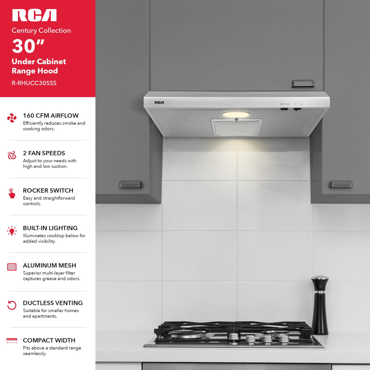 RCA R-RHUCC30SWH 30 in. Century Collection Ductless Under Cabinet Range Hood, Reusable Filter, Rocker Switch, Light, White