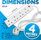 STATUS 4 Way Socket Extension Lead, 4m Cable with Neon Power Indicator, 13A Multi-Plug Strip for Home or Office, Wall Mountable, White (S4W4MS6)