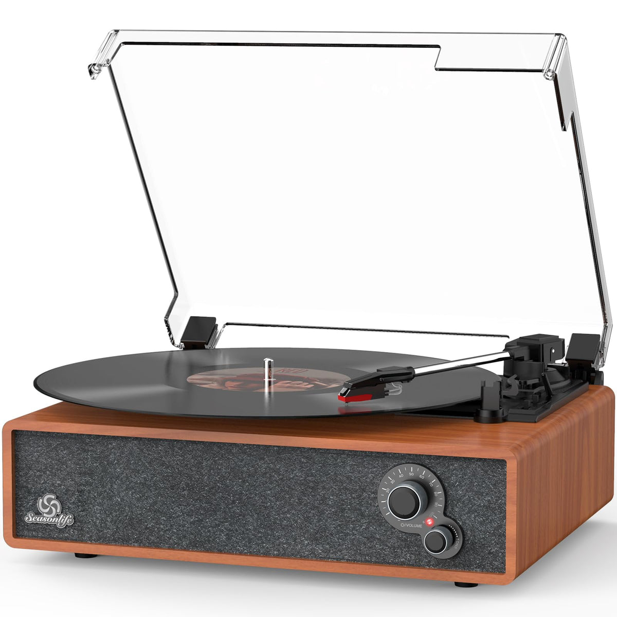 Seasonlife® Retro Vinyl Record Player with Stereo Speakers,Walnut Brown