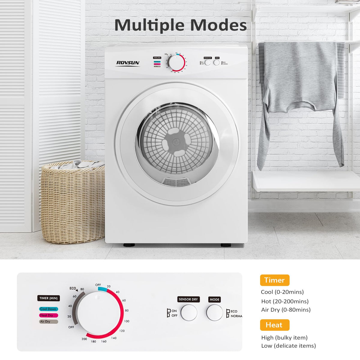 ROVSUN 110V Portable Clothes Dryer, High End Laundry Front Load Tumble Dryer Machine with Stainless Steel Tub & Simple Control Knob for Apartment, Dorm-850W, White