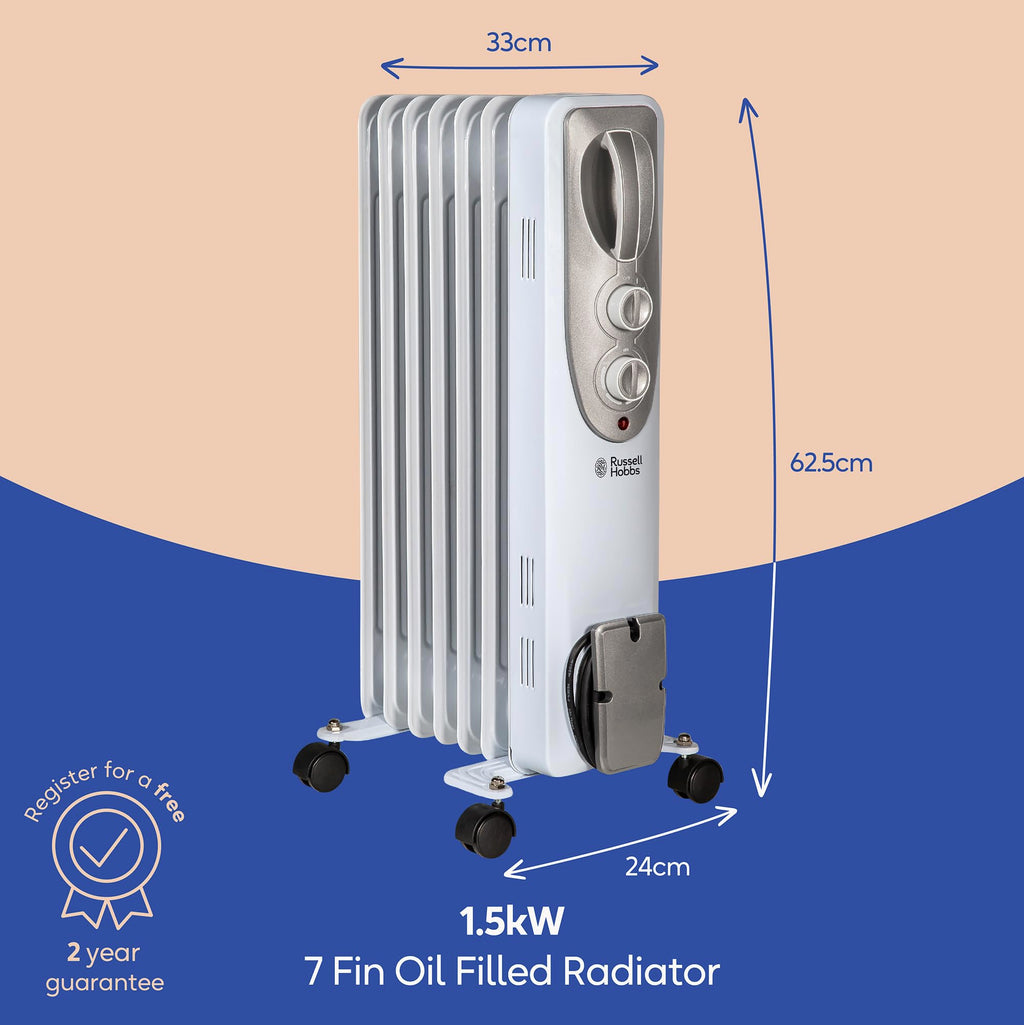 Russell Hobbs 2000W/2KW Oil Filled Radiator, 9 Fin Portable Electric Heater - White, Adjustable Thermostat with 3 Heat Settings, Safety Cut-off, 20 m sq Room Size, RHOFR5002, 2 Year Guarantee