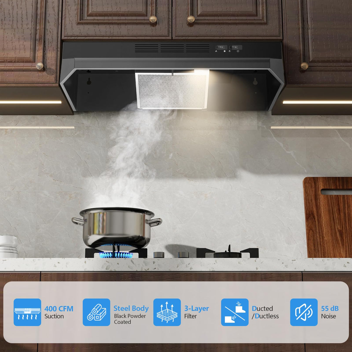 Tieasy Under Cabinet Range Hood 24 Inch, 400 CFM Stainless Steel Convertible Vent Hood with 2 Speed Exhaust Fan and Rocker Switch Control, Ducted/Ductless Kitchen Hood with Multiple Venting Options