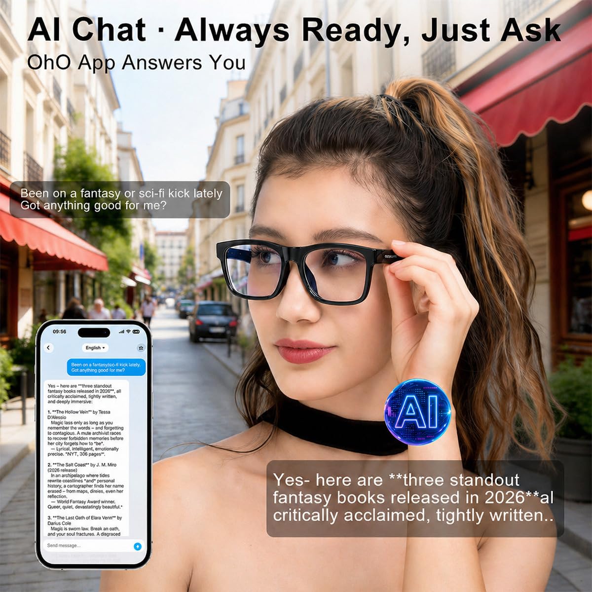 OhO Open Ear Smart Glasses, UV400 Z87.1 Lightweight Audio Bluetooth Glasses