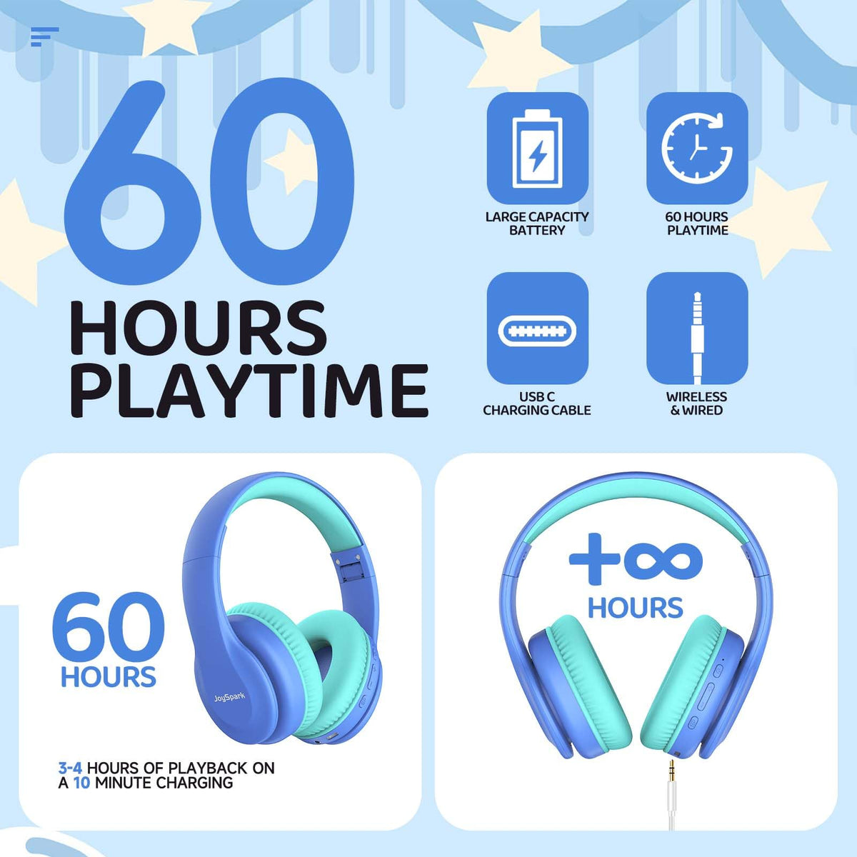 JoySpark Kids Bluetooth Headphones Over-Ear, 60Hrs, Built-in Mic-Purple