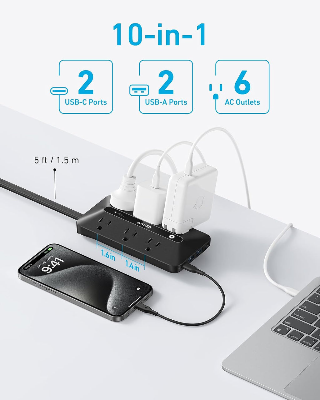 Anker Power Strip with 300J Surge Protector, 5ft Outlet Extender, 20W, 6AC