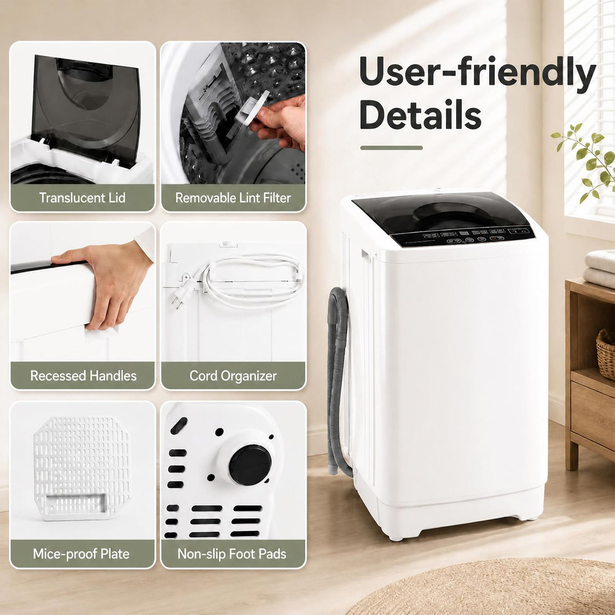 COSTWAY 8.8LBS Portable Washing Machine, Full-Automatic w/Drain Pump, White