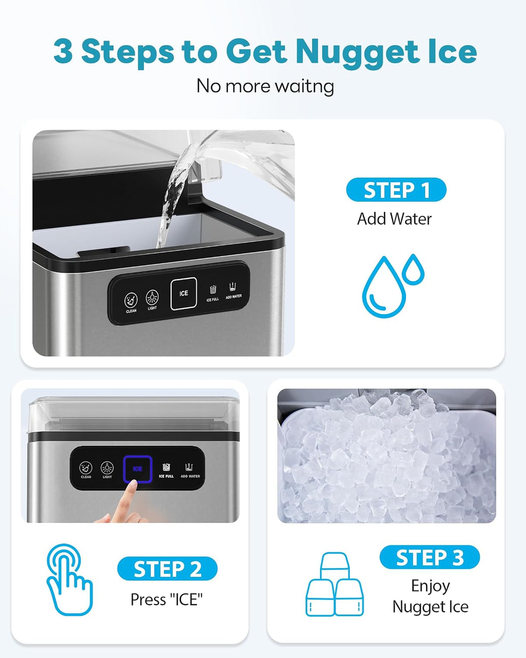 Nugget Ice Maker Countertop 40Lbs/24H Soft Chewable Ice Machine