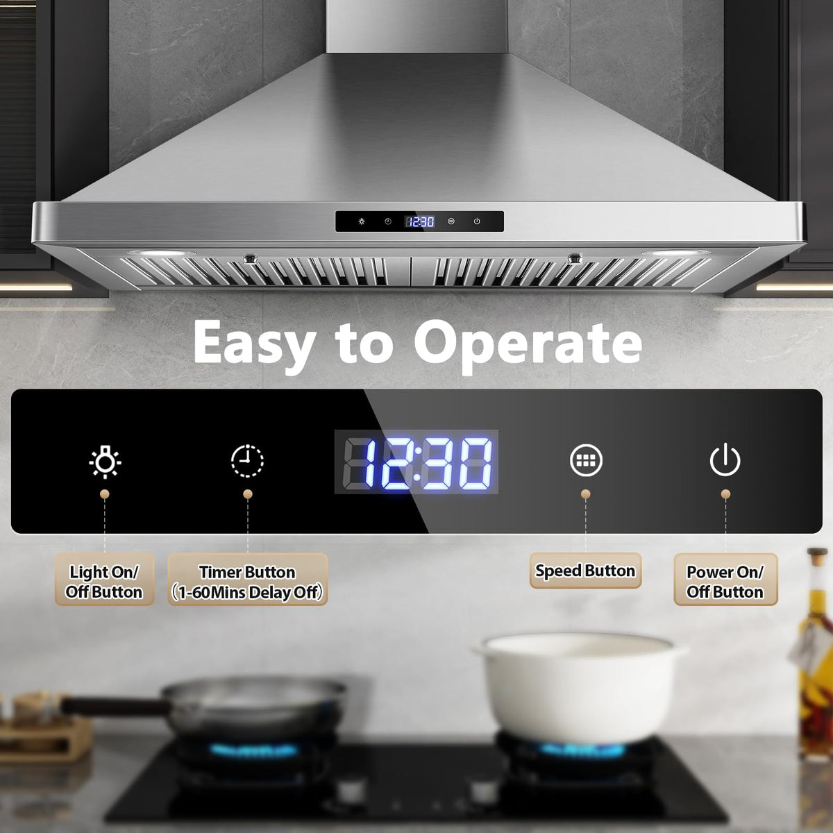 24 inch Range Hood, Ducted/Ductless Range Hood 450CFM, Wall Mount